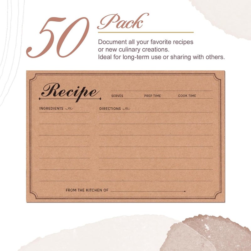 Prims & Flourish Recipe Cards 4x6 Double-Sided, 50-Pack Blank Kraft Recipe Cards, Minimalist and Rustic Design for Bridal Shower - Image 4